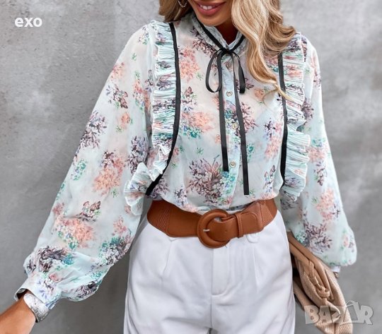Флорална блуза, Елегантна блуза, Ефектна блуза, снимка 1 - Блузи с дълъг ръкав и пуловери - 43243862