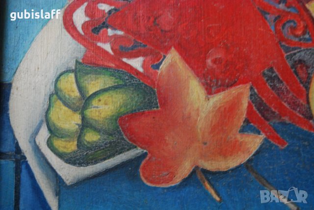 Стара картина,композиция с китара, М.К., 1989 г., снимка 5 - Картини - 27782213