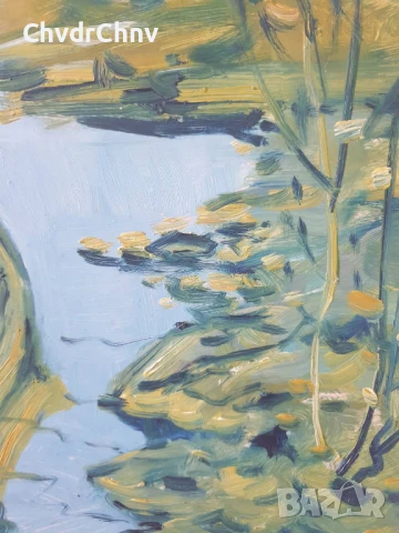 68х59см/голяма стара картина масло върху фазер/импресионизъм/пейзаж/река-лодка/дървена рамка, снимка 6 - Картини - 51218520