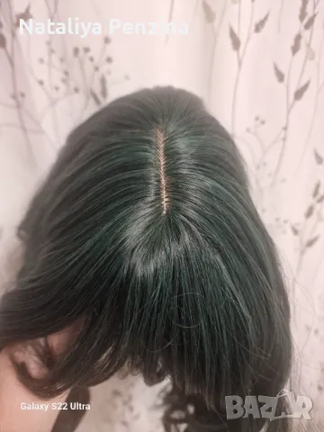 Тъмнозелена перука с бретон за жени  с дължина до раменете. Зелени перуки Къса боб вълнообразна , снимка 3 - Аксесоари за коса - 48856223