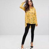 Елегантна дълга дамска риза с флорални мотиви цветя жълта разкроена с дълъг ръкав размер S - S/M , снимка 2 - Ризи - 40689802