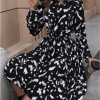 Дамска черна рокля с дълъг ръкав с нов темпераментен принт, снимка 4 - Рокли - 43662545