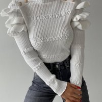Блуза, фино плетиво,  фербули,  цвят бежав, снимка 2 - Блузи с дълъг ръкав и пуловери - 38574108