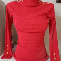 Дамско червено ново поло с интересен дизайн, материя рипс, снимка 1 - Блузи с дълъг ръкав и пуловери - 43178991