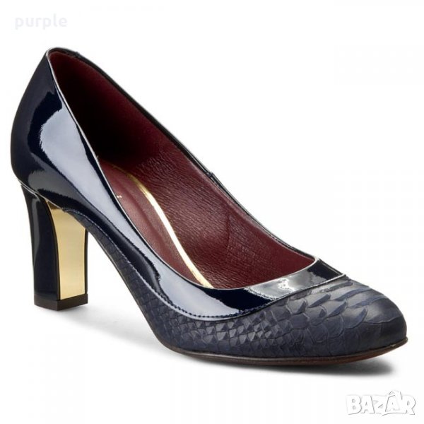 Елегантни обувки в тъмносин цвят съчетание кроко кожа и лак, снимка 1