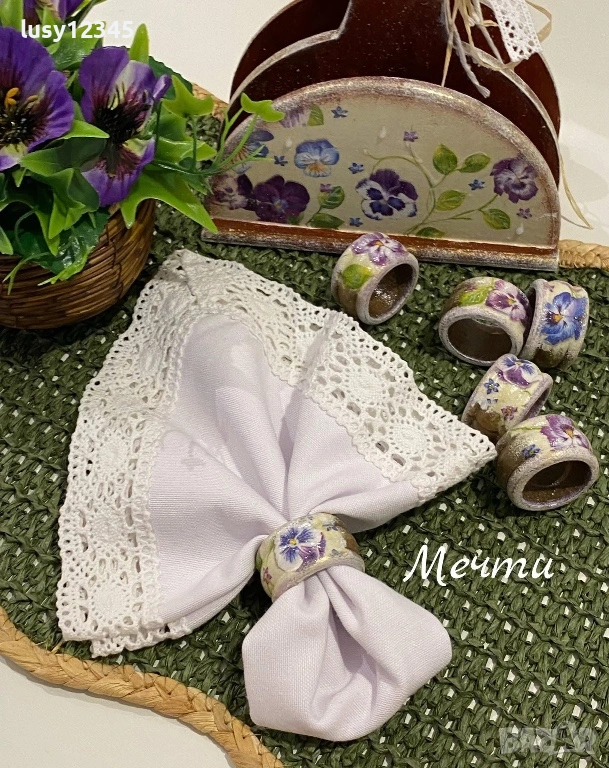 Комплект шест пръстени за салфетки с теменужки! 💜💚💜, снимка 1