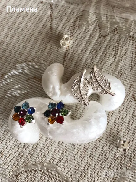 Сребърни обеци с цирконии цвете/ листа проба 925 , снимка 1