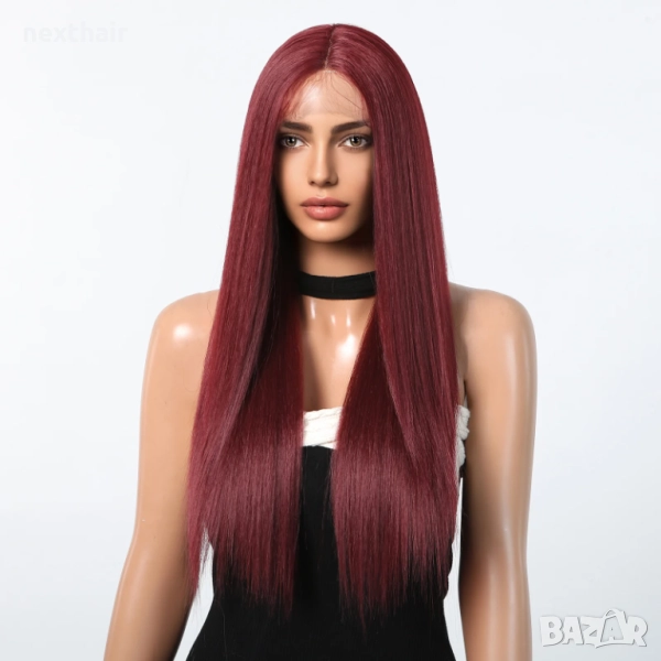 73 см Тъмно червена бургунди бордо права перука с дантела 13x4x1, снимка 1