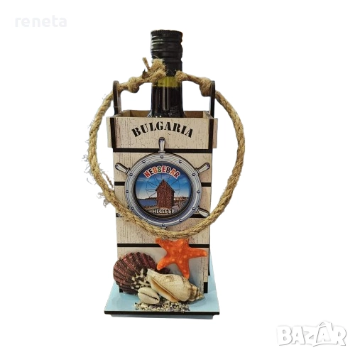 Комплект Българско вино, Бутилка Мерло 187 мл., Дървена кутия, 16х8 см, снимка 1