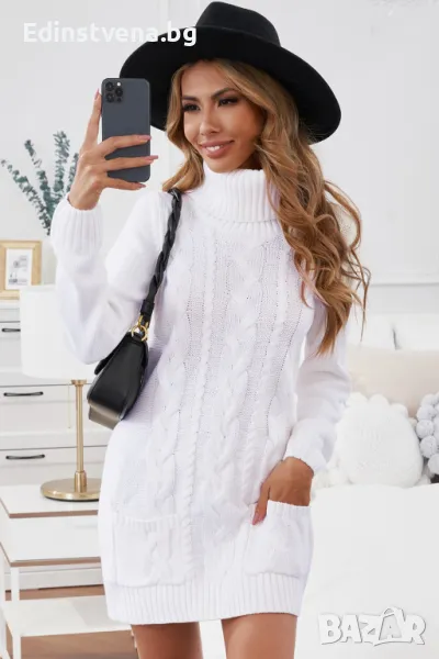 Дамска плетена рокля в бяло с дълъг ръкав и поло яка, снимка 1