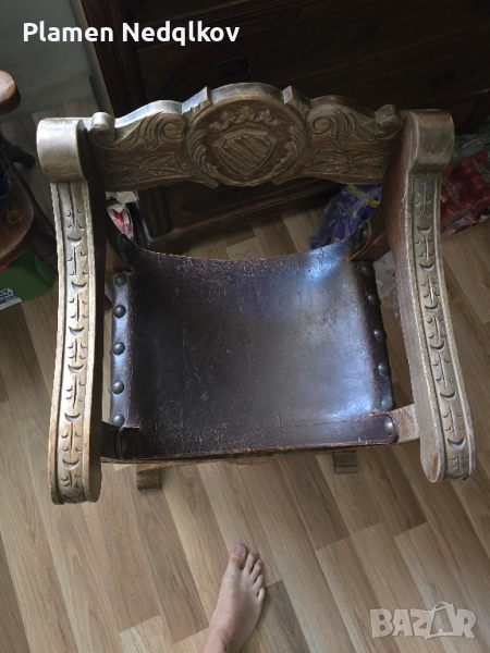 Старо столче,седалка кожа със подлакътници , снимка 1