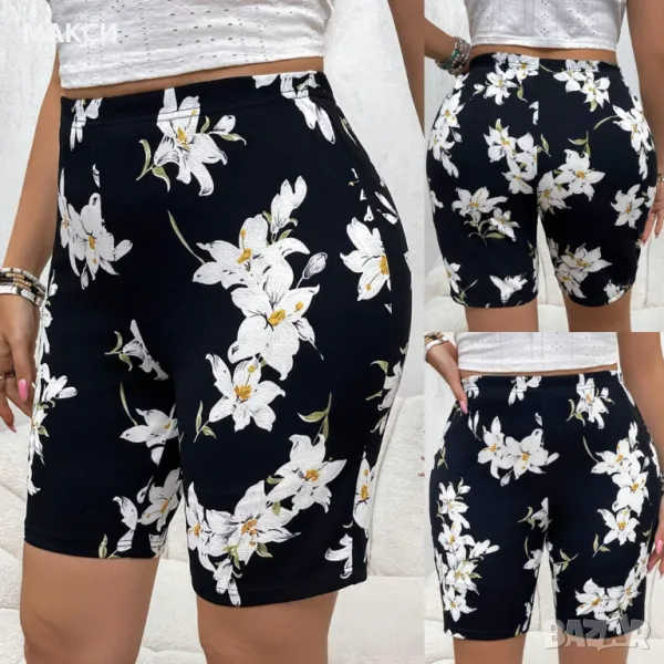 Чудесен еластичен черен клин над коляното с висока ластична талия в красив флорален десен, снимка 1