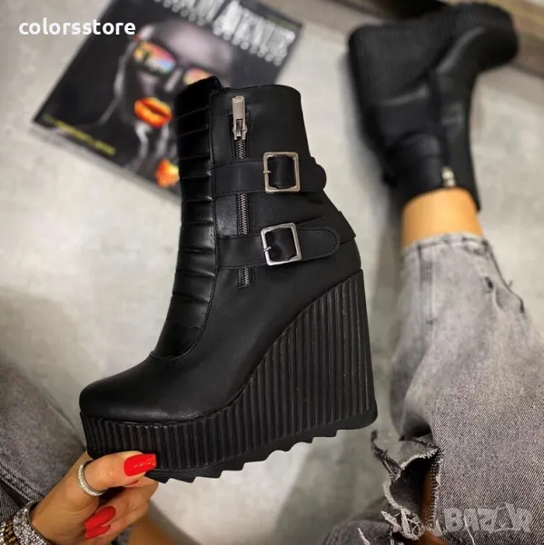 Боти на платформа - черна кожа - B2001, снимка 1