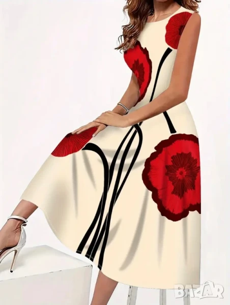 Лятна рокля в цвят шампанско на червени цветя, снимка 1