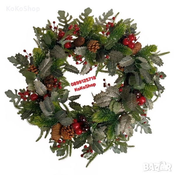 Коледен венец с шишарки и червени плодове-60 см./луксозен коледен венец, снимка 1