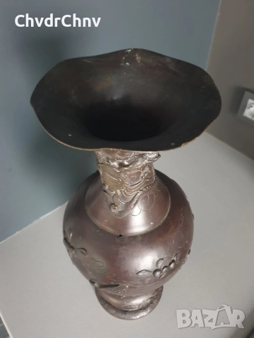 45см-4кг стара китайска бронзова ваза /голяма/фигурална/с дракони-птици, снимка 2 - Антикварни и старинни предмети - 52495668