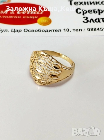 Златен дамски пръстен 14К.Тегло 2.05 гр.Размер 61.Цена 159 € (310.98 лв.), снимка 2 - Пръстени - 53120727