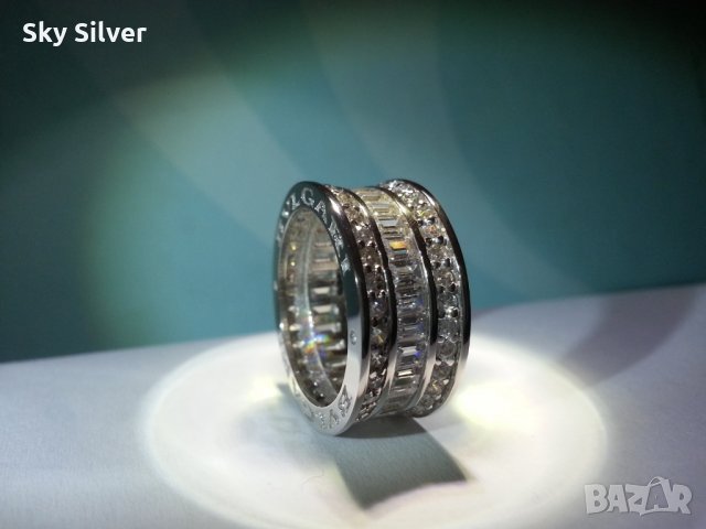 Сребърен пръстен с багети, модел на BVLGARI, снимка 6 - Пръстени - 28044949