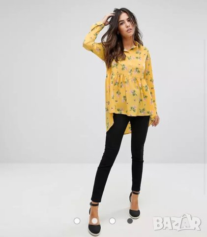 Разпродажба!Елегантна дълга дамска риза с флорални мотиви цветя жълта разкроена с дълъг ръкав S-S/M , снимка 2 - Ризи - 40689802