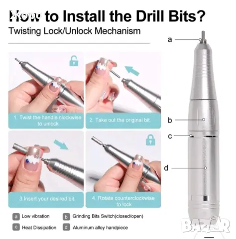 Професионална преносима електрическа пила за нокти 45000 оборота розова, снимка 5 - Продукти за маникюр - 47908977