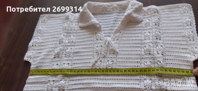 Оригинална блуза с къс ръкав и яка, изплетен на една кука, в бежов цвят, снимка 3 - Потници - 37019434