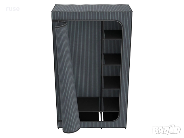 НОВ! Текстилен гардероб с лост и рафтове 174х100х46см сив-райе, снимка 7 - Гардероби - 52519153