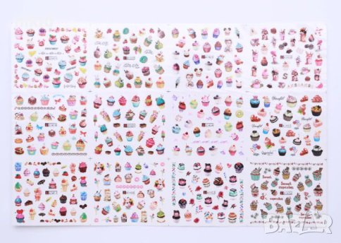 лист 12 в 1 Кексчета Десерти слайдер татос ваденки водни стикери за нокти маникюр, снимка 4 - Продукти за маникюр - 31987737