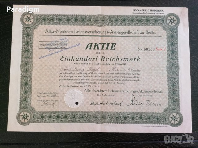 Акция | Alba-Nordstern Lebensversicherungs | 1925г., снимка 1 - Нумизматика и бонистика - 33273284