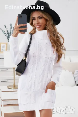 Дамска плетена рокля в бяло с дълъг ръкав и поло яка, снимка 1