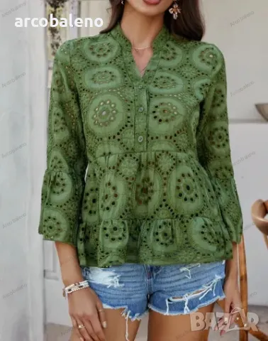 Едноцветна дамска риза с три четвърти ръкав с v-образно деколте, 4цвята , снимка 2 - Ризи - 49904419