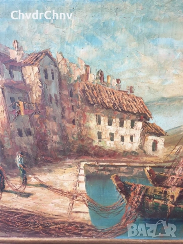 Sirokos 110х70см Сиорокос/стара гръцка голяма картина масло върху платно/морски пейзаж/рибари-лодки, снимка 3 - Картини - 52207867