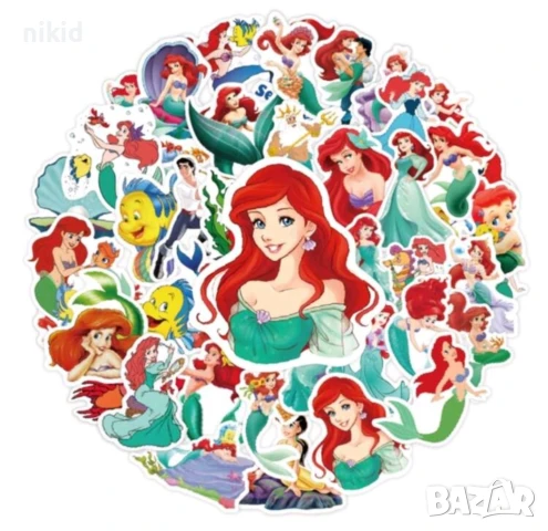 50 бр Малката Русалка Ариел самозалепващи лепенки стикери за украса картонена торта, снимка 9 - Други - 45778692
