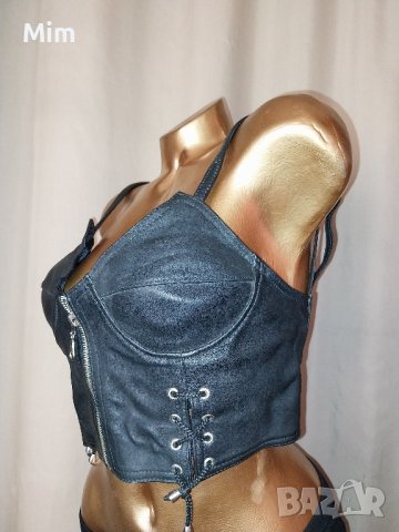 М Черно бюстие от естествена кожа с цип отпред , снимка 3 - Корсети, бюстиета, топове - 43168786