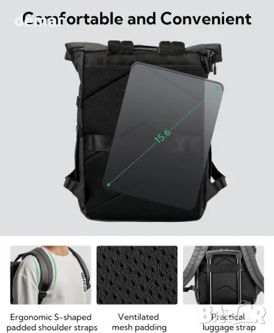 Раница Waterfly Roll Top 16-21 л, подходяща за 16 инча лаптоп, Тъмно сиво, снимка 4 - Раници - 48967909