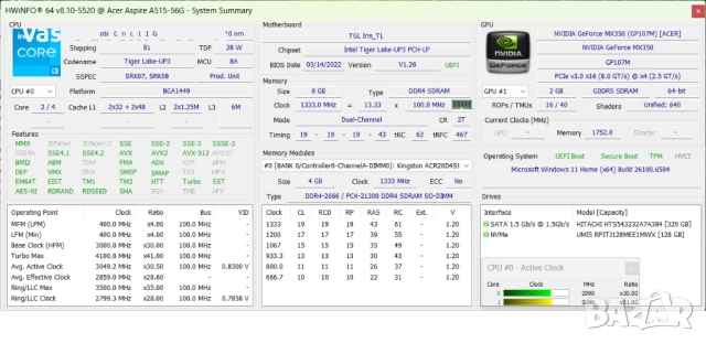 Acer Aspire 5 (A515-56G) / 15.6" / i3-1115G4 / GeForce MX350 / 8GB RAM / 128GB NVMe + 320GB HDD, снимка 8 - Лаптопи за работа - 52041405