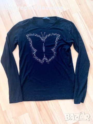 Черна блуза с пеперуда от камъни , снимка 1 - Блузи с дълъг ръкав и пуловери - 27615101