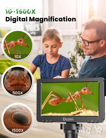 НОВ, Перфектен Dcorn HDMI цифров микроскоп 7 инча 1500X, 16MP 1080P LCD с IPS, TF карта 32GB..., снимка 4 - Друга електроника - 51637827