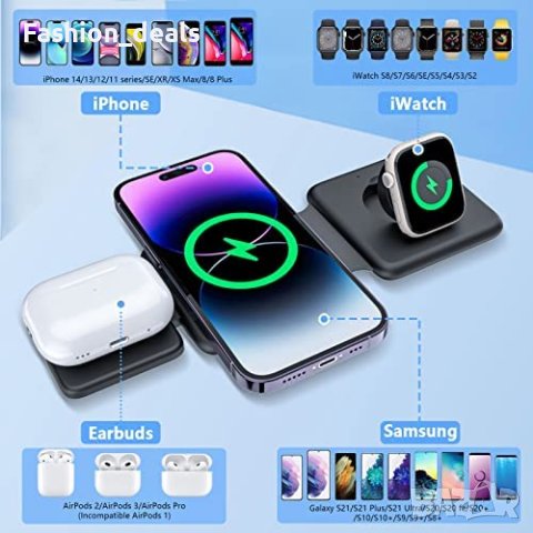 Ново Сгъваемо безжично зарядно устройство 3 в 1 бързо магнитно преносимо телефон слушалки часовник, снимка 2 - Аксесоари за Apple - 40835117