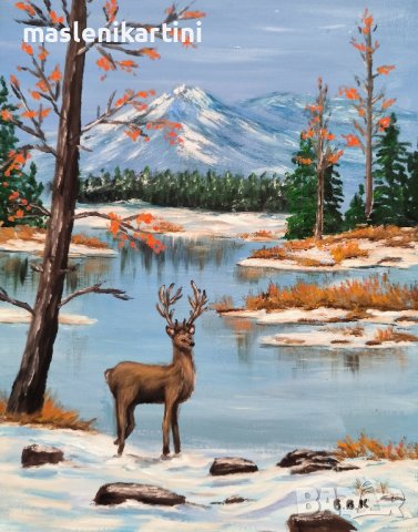  зимен пейзаж с елен маслена картина 