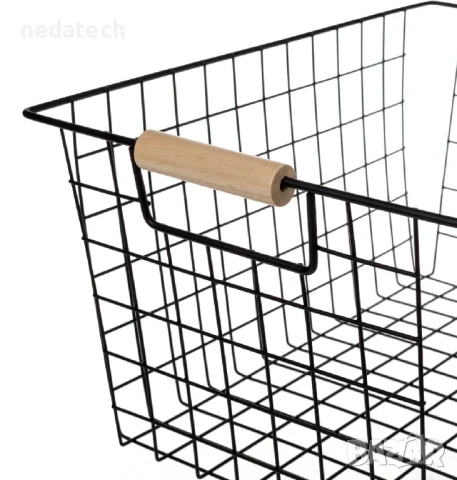 Кошница за съхранение с дървени дръжки, Черен, 39,5x26x19 см., снимка 3 - Кутии за съхранение - 51256800