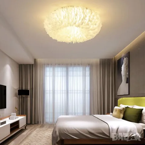 Полилей Таванна лампа Полилей с бяло перо, Модерни LED осветителни, снимка 8 - Лампи за таван - 48970731