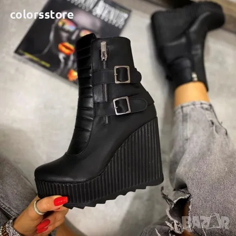 Боти на платформа - черна кожа - B2001