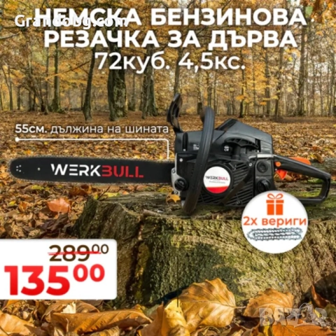 Немска Бензинова Резачка за Дърва WerkBull 72куб 4,5кс + две вериги и пила за точене