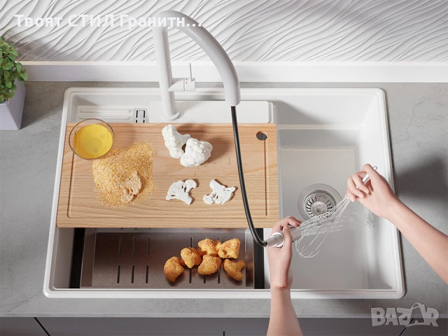 Бяла кухненска гранитна мивка Париж 80 Work&Store 780 x 530 мм, снимка 3 - Мивки - 51286493