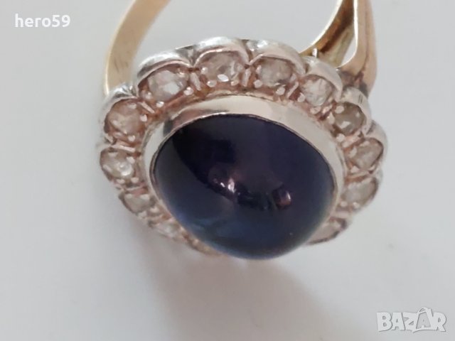 Стар антикварен златен дамски пръстен с диаманти и сапфир/злато 18 к. , снимка 7 - Пръстени - 39812205