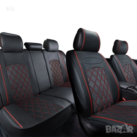 Тапицерия за автомобил от еко кожа, 5 части Черно/ червен кант, снимка 3 - Аксесоари и консумативи - 51729192