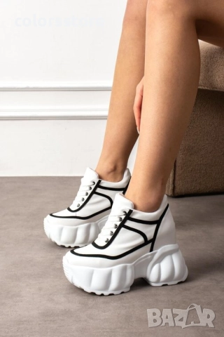 Кецове на платформа - бяло с черно - PA720 , снимка 2 - Кецове - 51915284