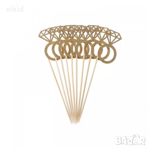 10 бр диамантен годежен сватбен пръстен халка брокатен топер топери клечка за мъфини моминско сватба, снимка 4 - Други - 21545233