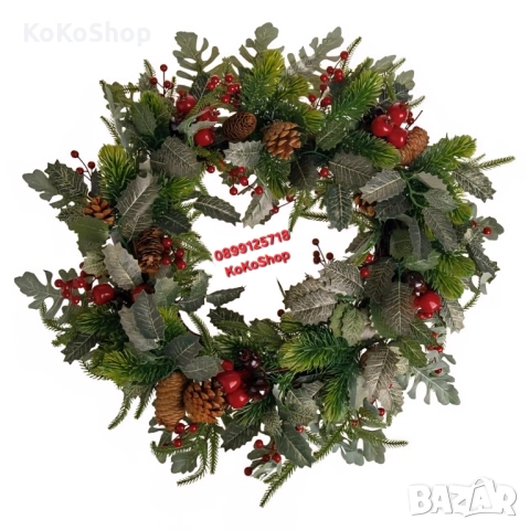 Коледен венец с шишарки и червени плодове-60 см./луксозен коледен венец