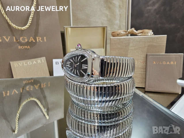 BVLGARI Serpenti Tubogas Snake Silver Black Diamonds Дамски Часовник, снимка 5 - Дамски - 53058164